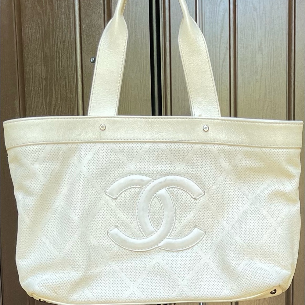 Chanel white lambskin leather tote